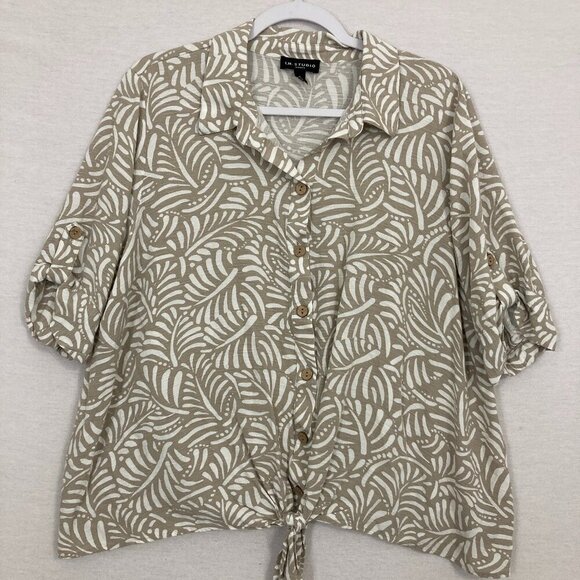 I.N. Studio Tan White Leaves Print Ultra Soft Rayon Tie Front Relaxed Top 1X - Picture 1 of 10